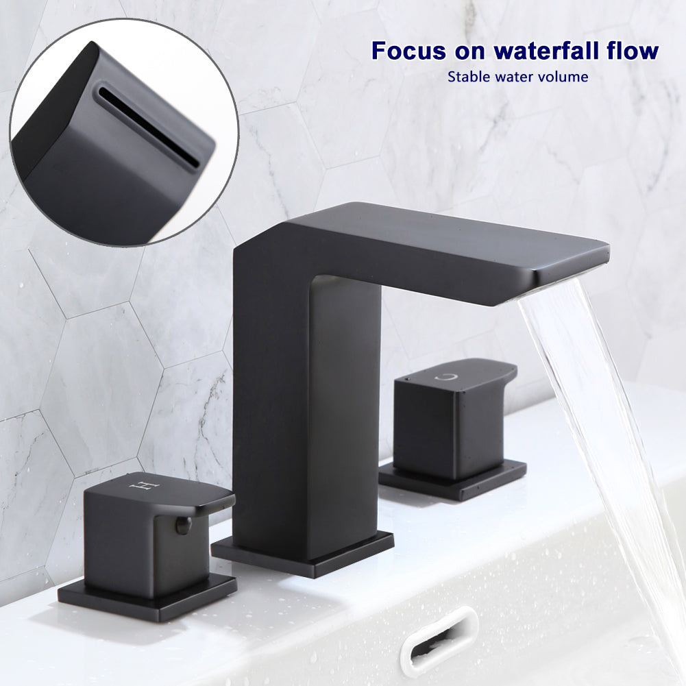 POP SANITARYWARE Matte Black Waterfall Bathroom Sink Faucet 3-Hole Double Handle