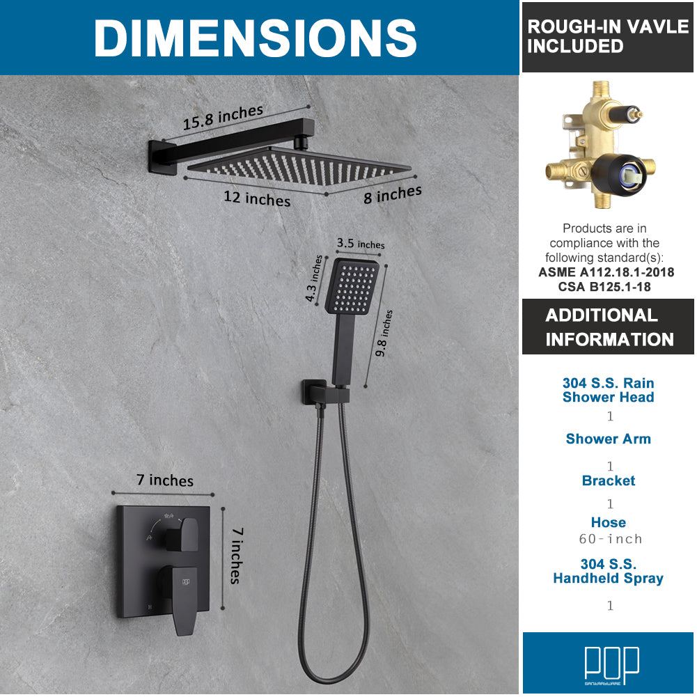 POP SANITARYWARE Matte Black Rain Shower System with Handheld and 12' Showerhead