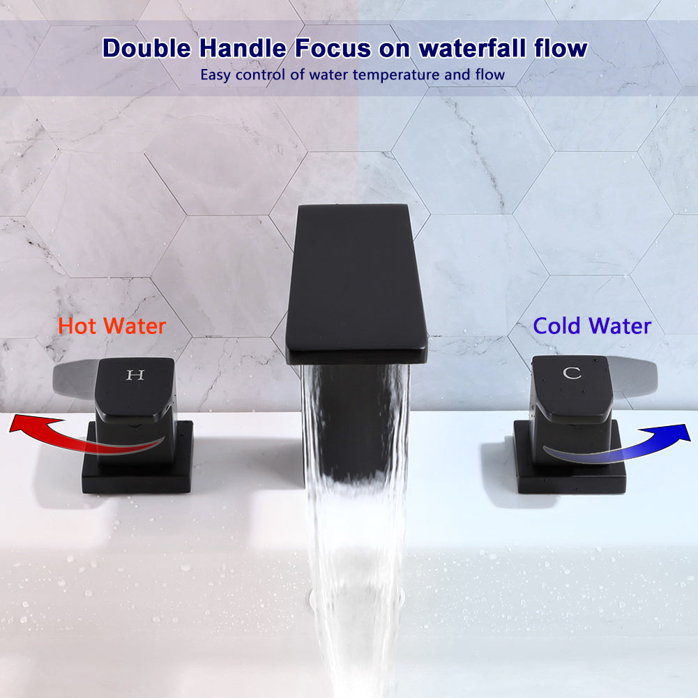 POP SANITARYWARE Matte Black Waterfall Bathroom Sink Faucet 3-Hole Double Handle