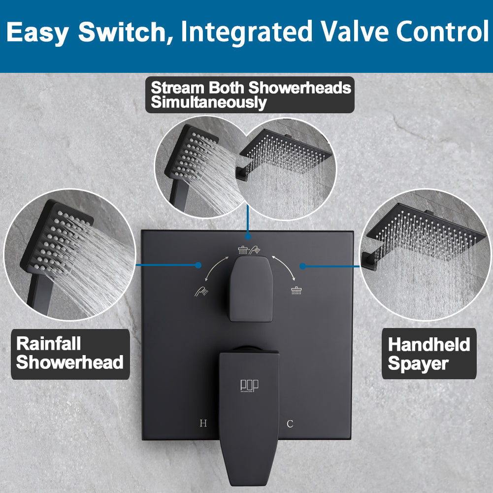 POP SANITARYWARE Matte Black Rain Shower System with Handheld and 12' Showerhead
