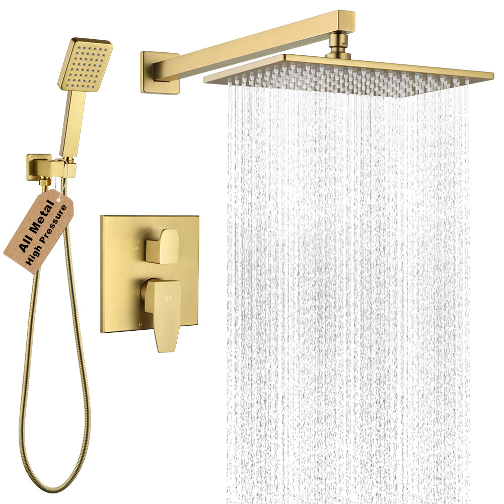 POP SANITARYWARE 12 x 8-Inch Brushed Gold Rain Shower System with Handheld