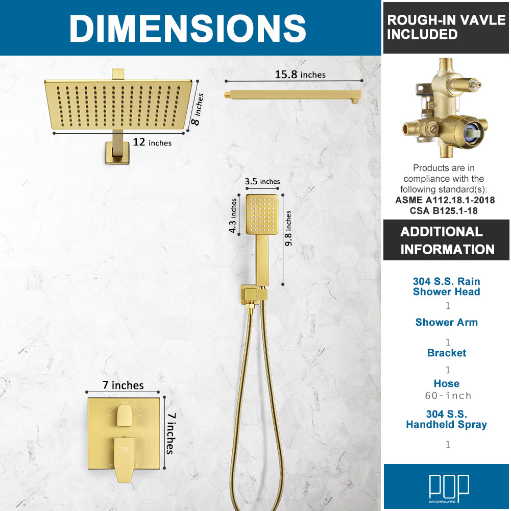POP SANITARYWARE 12 x 8-Inch Brushed Gold Rain Shower System with Handheld