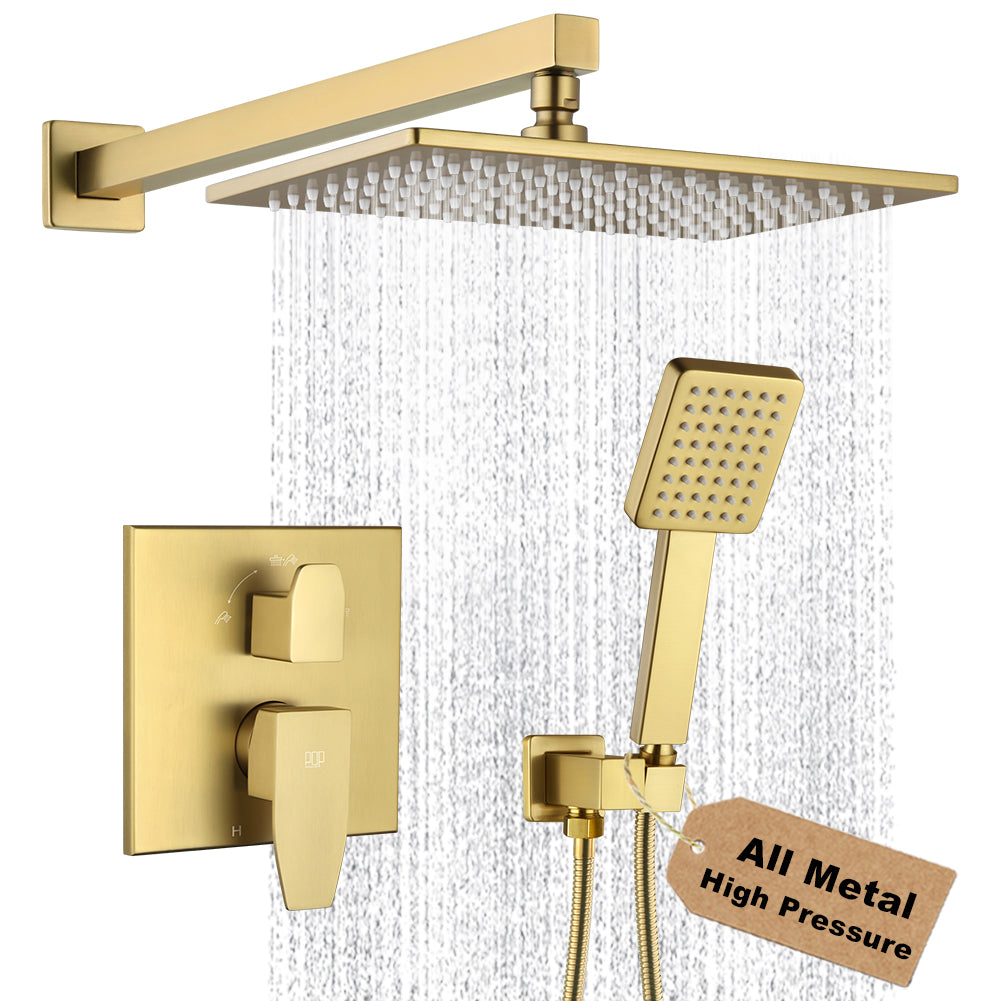 POP SANITARYWARE 12 x 8-Inch Brushed Gold Rain Shower System with Handheld