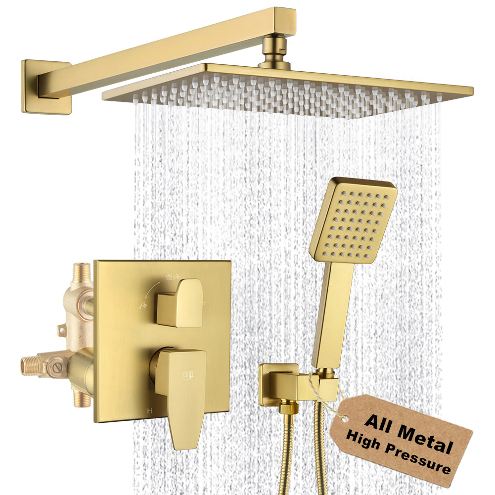 POP SANITARYWARE 12 x 8-Inch Brushed Gold Rain Shower System with Handheld
