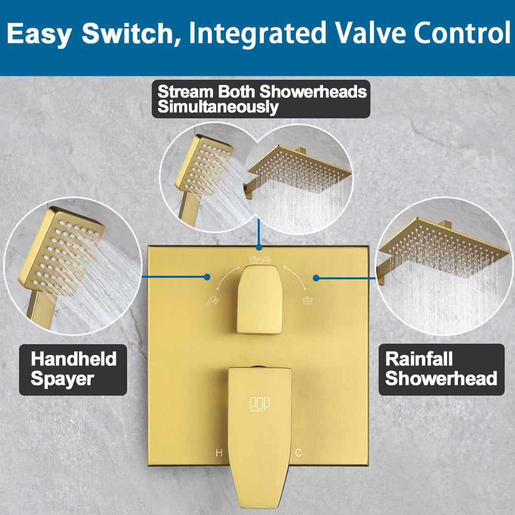 POP SANITARYWARE 12 x 8-Inch Brushed Gold Rain Shower System with Handheld