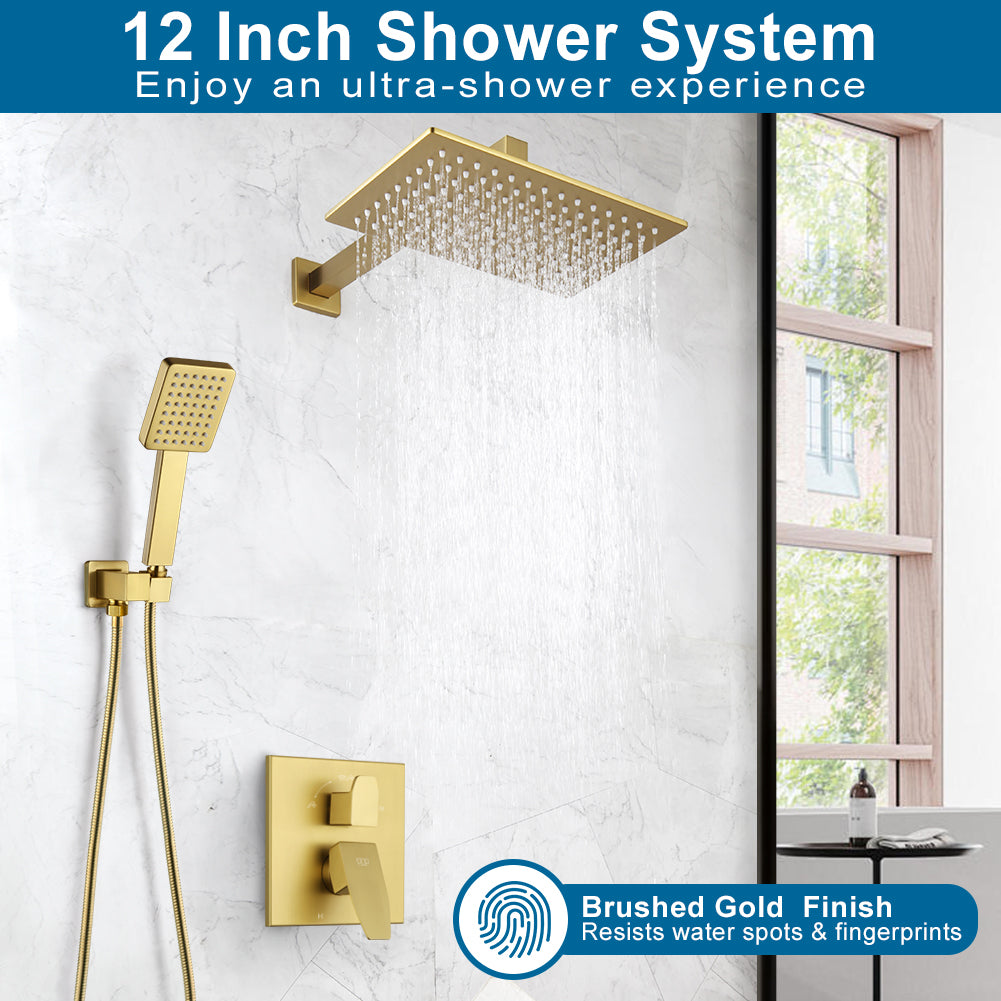 POP SANITARYWARE 12 x 8-Inch Brushed Gold Rain Shower System with Handheld